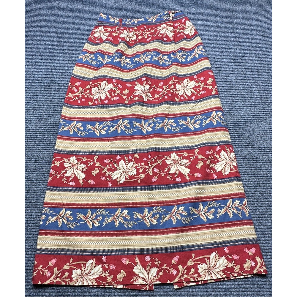 VINTAGE Bushwacker Skirt Womens 8 Red Blue‎ Floral Stripe Midi Back Slit 90s